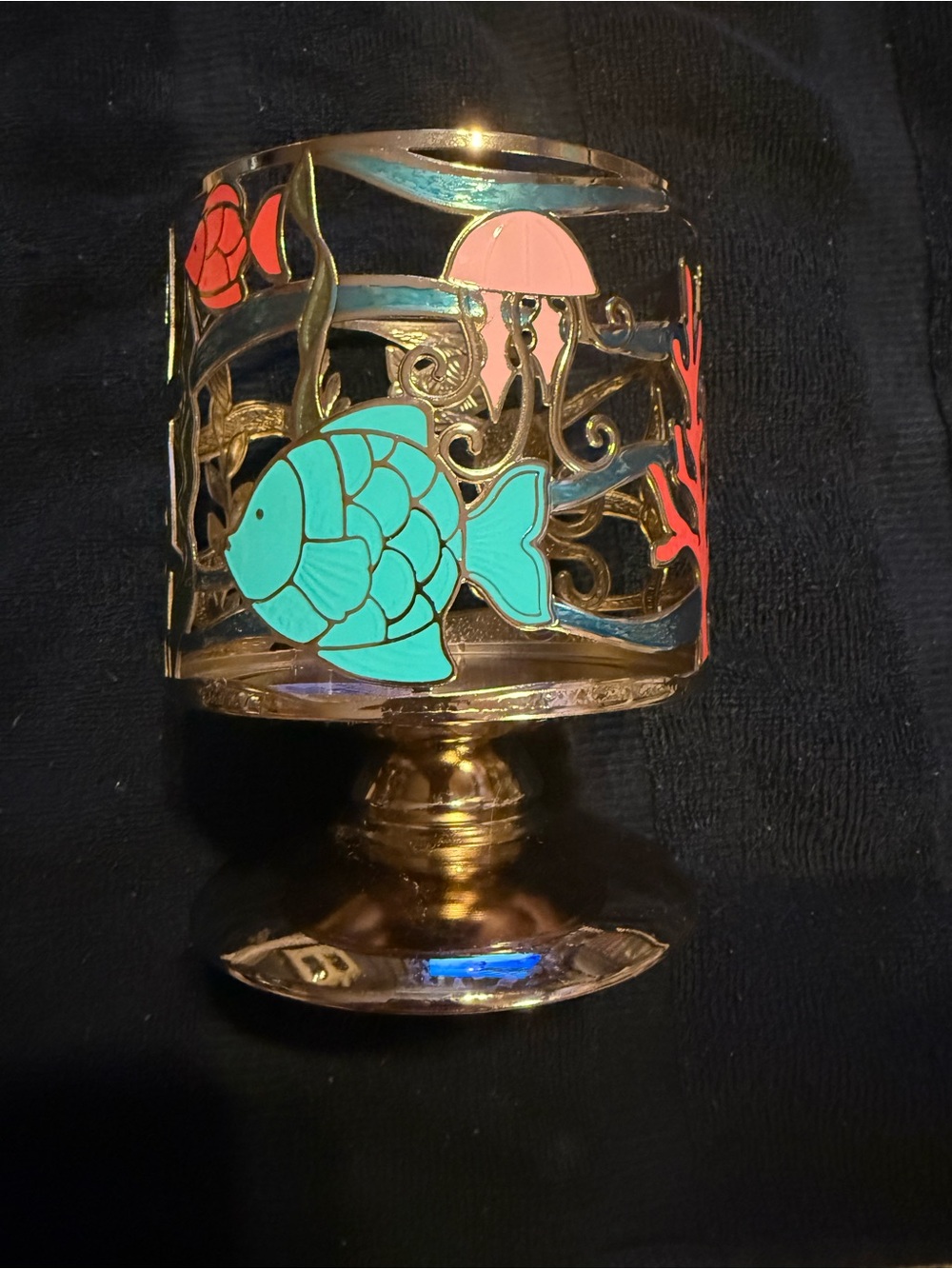Gold Metal Ocean-Themed Decorative Candle Holder with Turquoise Fish